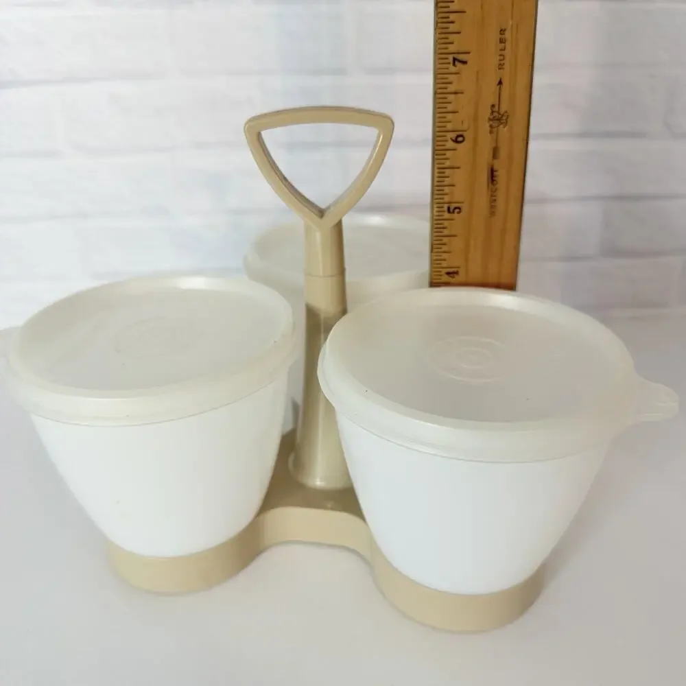 Vintage Tupperware Condiment Serving Caddy Almond 3 Containers Lids 757-2